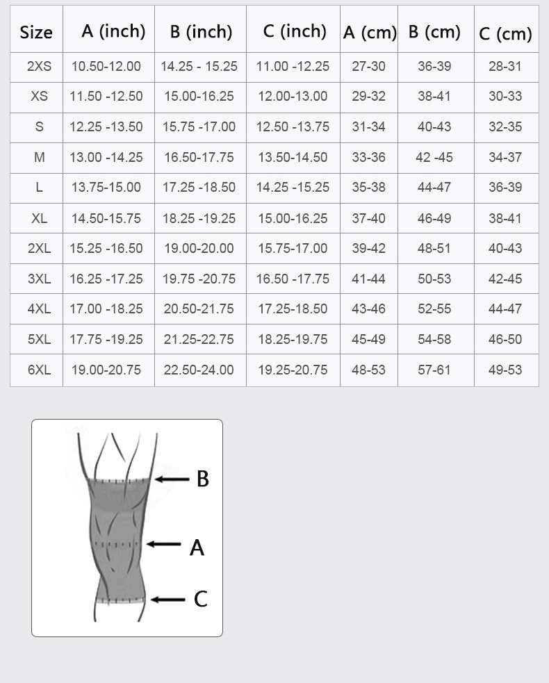 7mm knee sleeve size chart